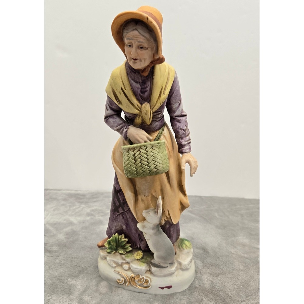 Vintage Porcelain Figurine Old Woman with Basket and Rabbit C-2311 Bisque 9.5in